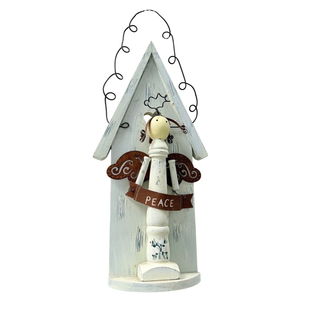 Angel Wall Hanging OS Blue Rustic Wood Metal Peace Birdhouse Decor Primitive